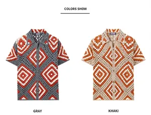 Detailed display of men's hollow out crochet knit short sleeve polo shirts in two colors