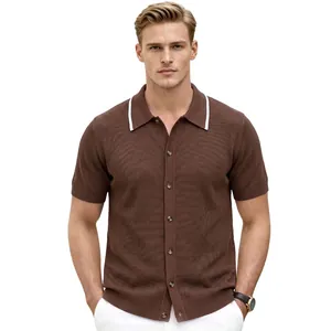 Men's short sleeve knit polo shirt in brown with button-up front and contrast white collar.