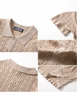 Detailed views showing the wave jacquard texture and collar of a beige men's knit polo shirt.