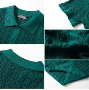 Detailed macro views showing the green wavy jacquard texture on men's knit polo shirt details