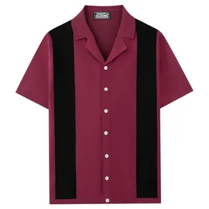 Men's casual short sleeve knit shirt with Cuban collar and burgundy black stripes