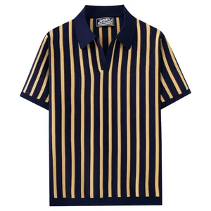 Classic men's vertical striped knit Polo shirt with navy and yellow contrast bands