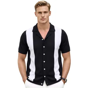 Professional men's retro Cuban collar knit shirt with vertical color block stripes