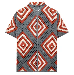 Back view of men's crochet knit shirt with orange and blue geometric diamond pattern