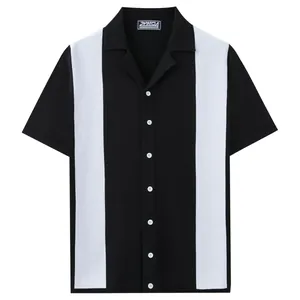 Men's summer short sleeve knitted shirt with Cuban collar and black white stripes