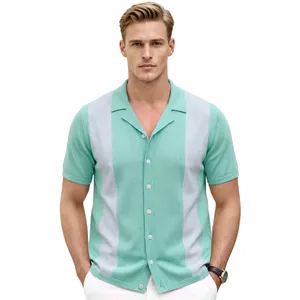 Men's summer Cuban collar knit cardigan with mint green and grey contrast stripes