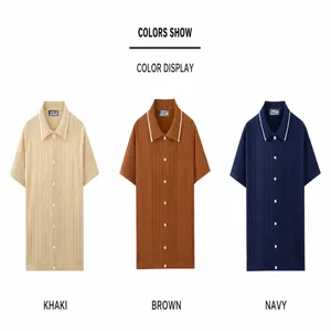 Men's summer short-sleeve knit polo cardigan shirts in khaki, brown, and navy colors