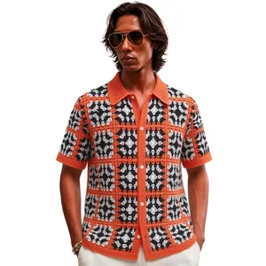 Stylish men's summer crochet knit polo shirt with orange grid hollow-out pattern
