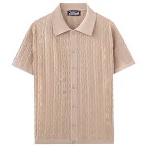 Men's wave jacquard knitted polo shirt with short sleeve button-up design in beige