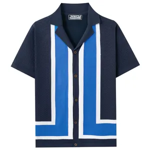 Stylish men's summer knit polo shirt featuring geometric color block and breathable hollow design