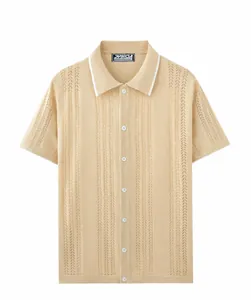 Men's cream knit short sleeve polo cardigan with textured pattern and buttons