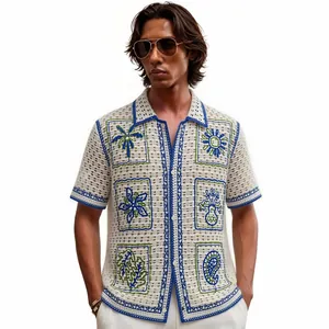 Polo à manches courtes pour hommes en maille crochet ajourée style vacances été