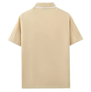 Back view of a beige men's short-sleeve knit Polo shirt with distinctive collar stripe detail