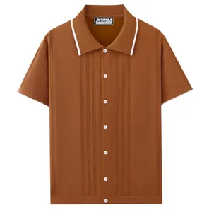 Close-up view of a brown knit short-sleeved polo cardigan with white collar trim.