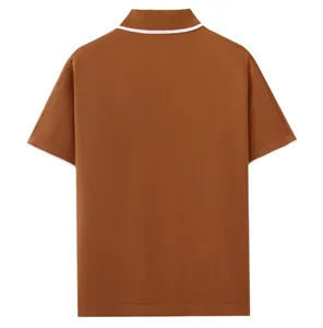 Back view of brown men's short sleeve knit Polo shirt with white collar trim detail