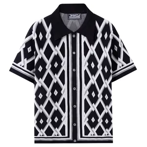 Men's short sleeve knitted polo shirt featuring black and white geometric diamond jacquard