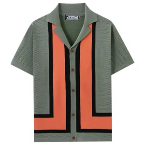 Men's summer knit polo shirt with geometric color-block pattern and breathable mesh texture
