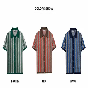 Detailed view of men's retro striped jacquard knit polo shirts in three colorways