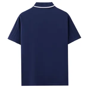 Back view of navy blue short-sleeved knit polo shirt with white collar stripe detail
