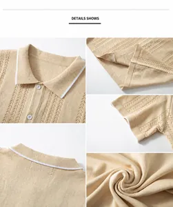 Close-up details of beige knitted polo shirt showing the collar, fabric texture, and buttons
