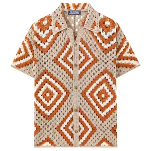 Vintage men's crochet knit short sleeve shirt featuring geometric diamond patterns in beige