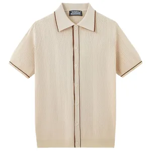 Polo da uomo in maglia beige a maniche corte con lavorazione traforata e piping