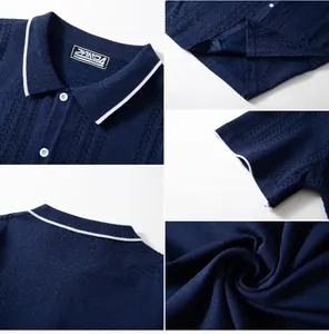 Detailed view of the fabric texture and collar on a navy blue knitted polo shirt