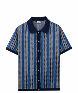 Retro striped jacquard knit short-sleeve Polo shirt with button-down front design