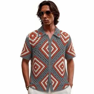 Men's retro crochet knit short sleeve shirt with geometric diamond pattern in rust and grey.
