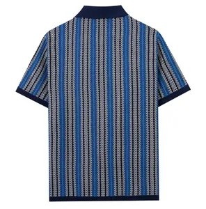 Detailed back view of men's retro knit polo shirt with stylish blue striped chevron pattern