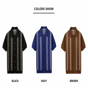 Detail view of men's striped jacquard knit polo shirts in black, navy, and brown.
