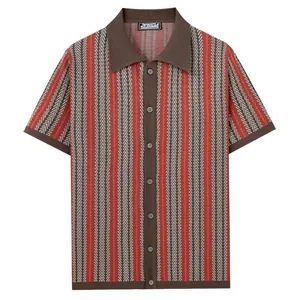 Close-up view of men's retro vertical stripe jacquard knit short sleeve polo cardigan