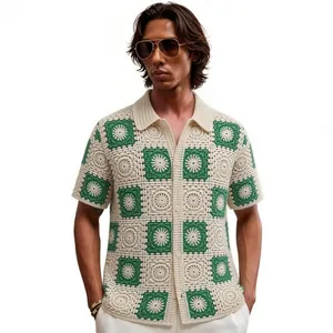 Men's stylish crochet knit checkered polo shirt featuring green and white hollow pattern
