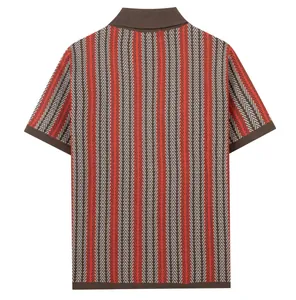 Back view of vintage vertical striped jacquard knitted short sleeve Polo shirt
