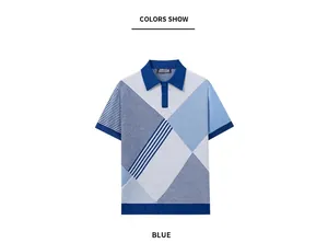 Detailed view of the blue geometric color-block pattern on a men's knit polo shirt.