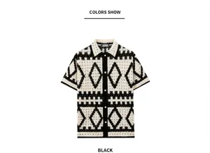 Short-sleeved knit shirt with black and white diamond crochet hollow-out pattern detail