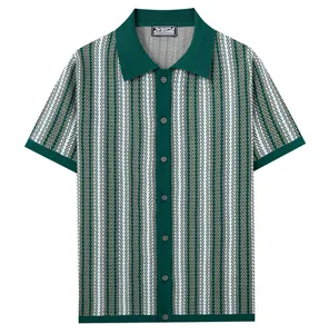 Detail view of vintage green striped knit polo shirt with vertical jacquard texture