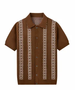 Detailed front view of a brown knitted polo shirt with white geometric jacquard stripes