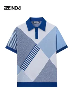 High-quality detailed view of men's knitted Polo shirt featuring blue argyle color blocks