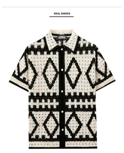 Detailed view of casual crochet hollow knit shirt featuring black diamond geometric pattern