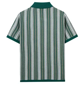 Detailed back view of a men's vintage green striped knit polo shirt with chevron texture
