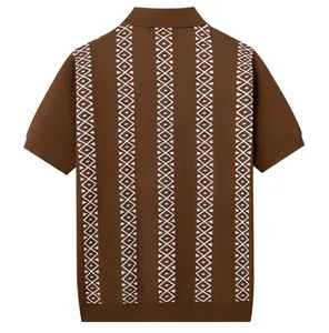 Back view of men's brown knit polo shirt with vertical white geometric diamond jacquard