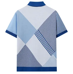 Back view of men's polo shirt featuring blue and white geometric argyle pattern