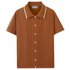 Men's short-sleeved brown knitted polo cardigan with white trim and vertical patterns