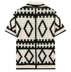Detailed back view of a contrast diamond crochet hollow-out knit polo shirt for summer