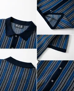 Detailed view showing textures of the vintage blue striped jacquard knit polo cardigan