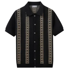Detailed front view of black men's knitted polo shirt featuring beige geometric jacquard stripes
