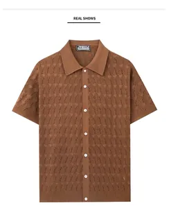 Detailed view of brown short-sleeved knitted polo shirt with diamond jacquard hollow-out pattern.