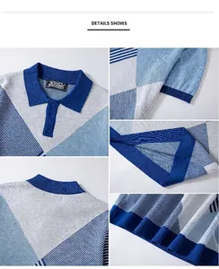 Detailed macro views of blue geometric knitted polo shirt collar and textures