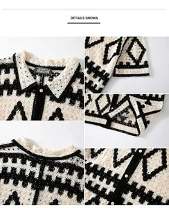 Close-up of contrast diamond crochet hollow-out knit polo shirt texture